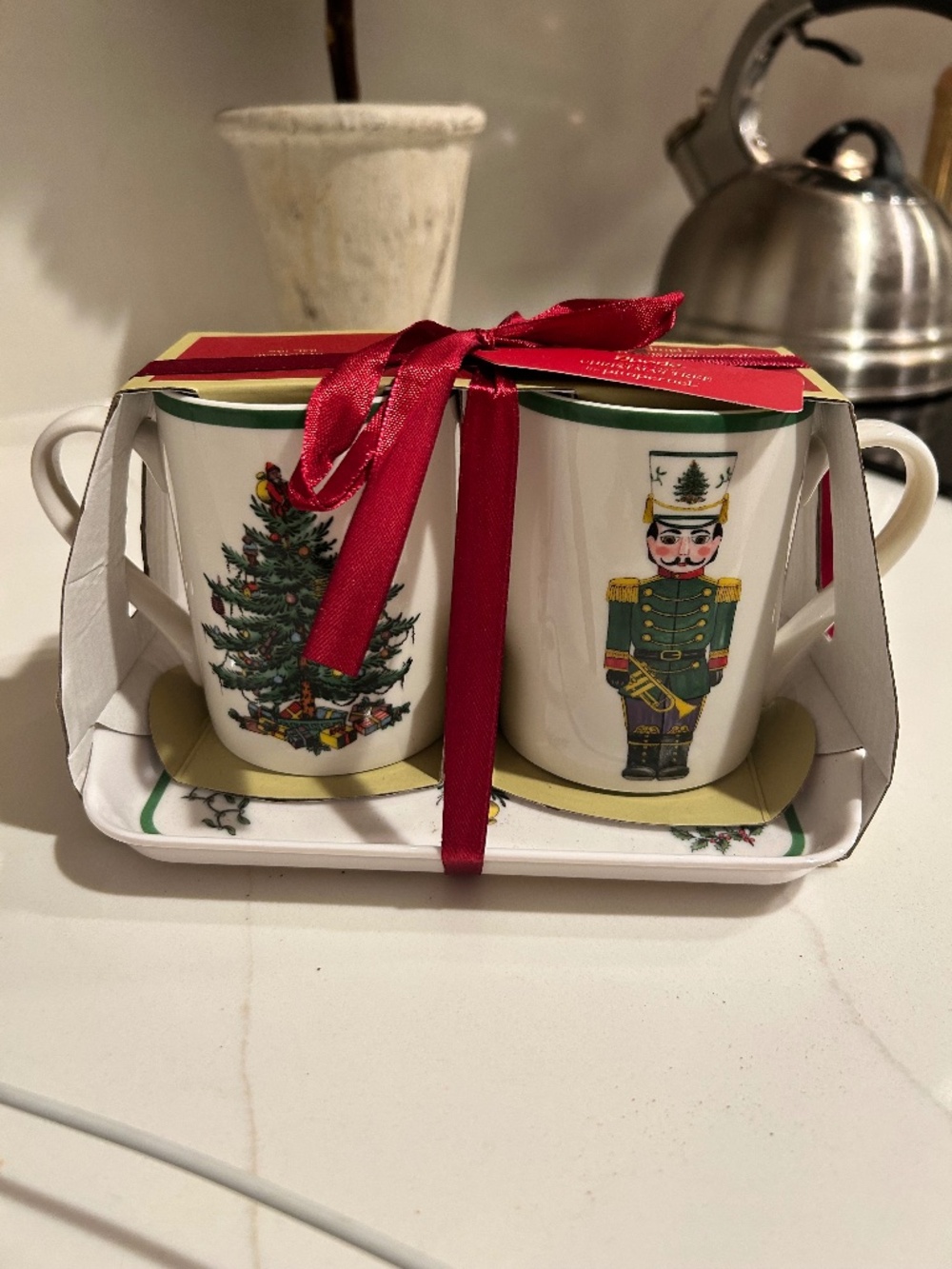 Spode Christmas Tree & Nutcracker Ceramic Coffee Tea Mugs w/ Tray Gift Set ~New